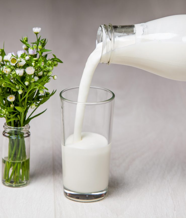 Milchflasche, Milchglas und Blumen